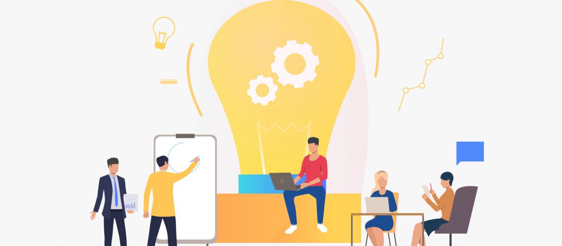 Light bulb, people discussing ideas and working. Innovation, study, work concept. Vector illustration can be used for topics like business, education, research